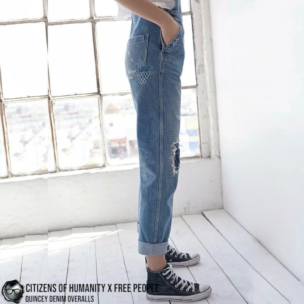 CITIZENS OF HUMANITY X FREE PEOPLE QUINCEY PATCHWORK EMBROIDERED DENIM OVERALLS - Picture 11 of 16